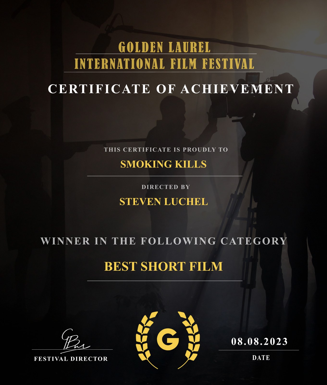 Certificat Golden Laurel International Film Festival - Best Short Film