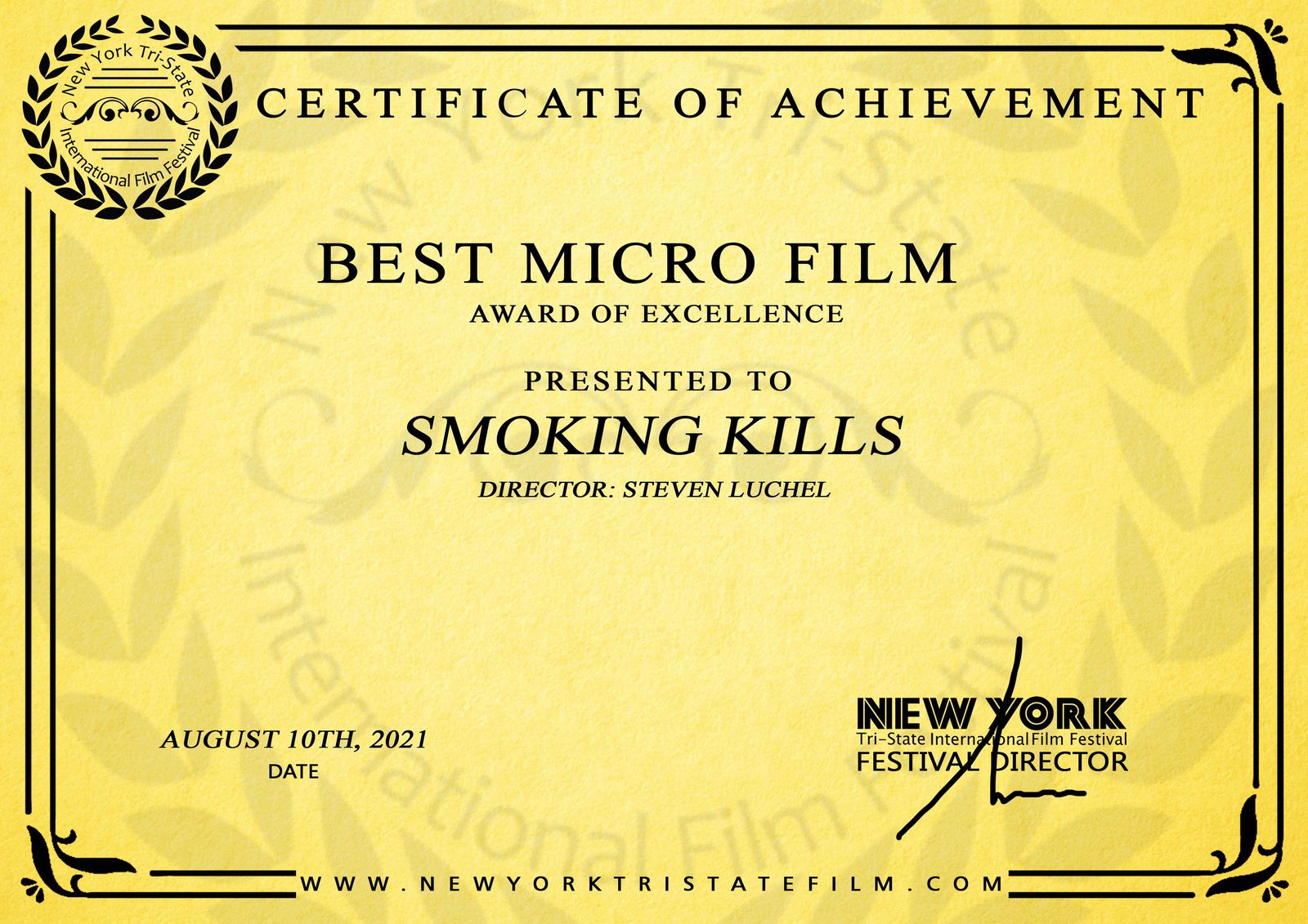 Certificat Best Micro Film - New York Tri-State International Film Festival