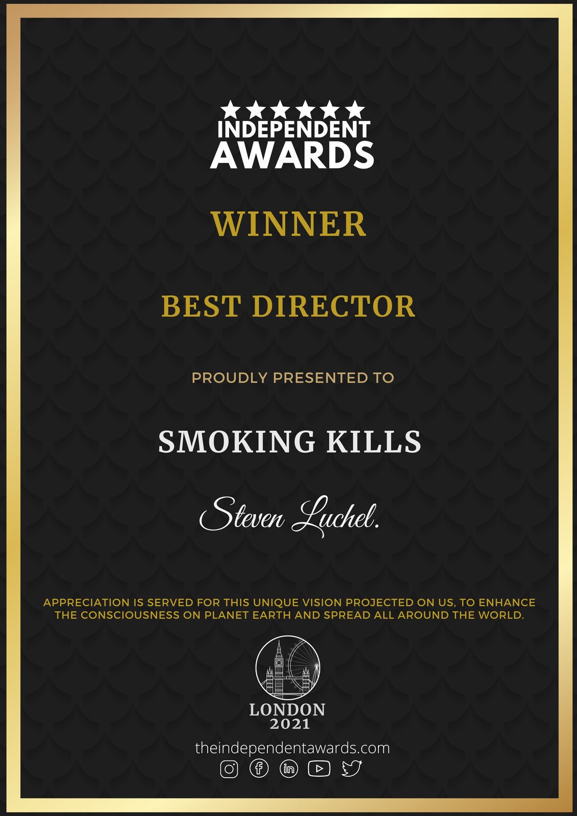 Certificat Independent Awards - Best Director, Londres 2021