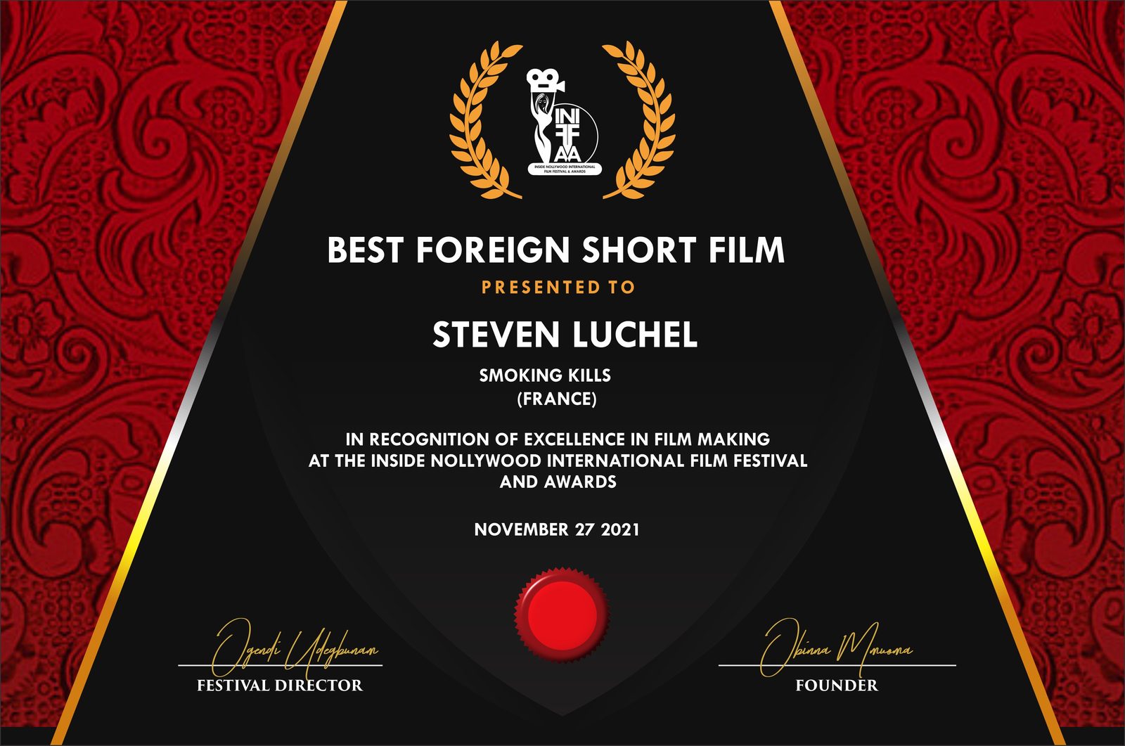 Certificat INIFFAA - Best Foreign Short Film, Nigeria